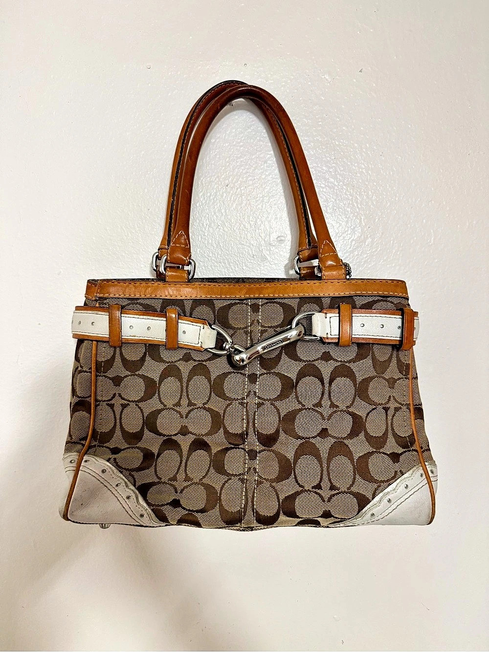 Coach Hamptons Signature Madeline Satchel in Brown & White